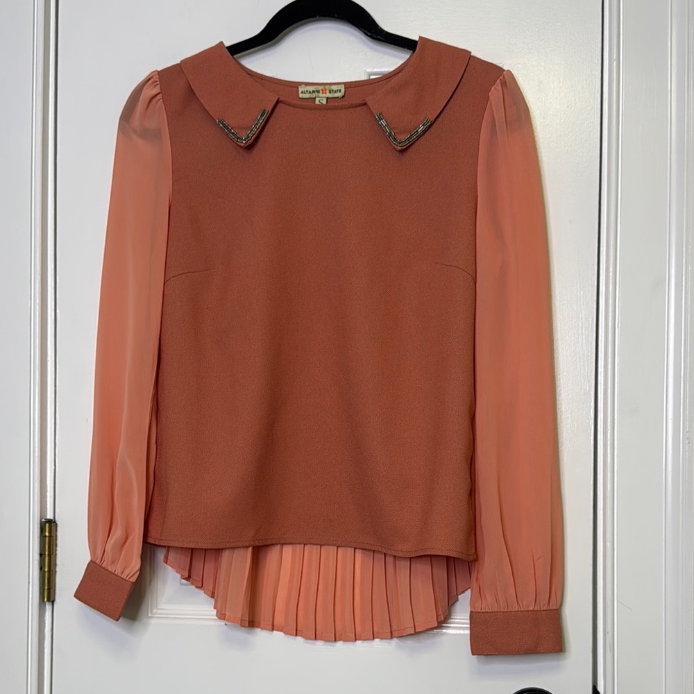 Altar'd State Orange Blouse with Peter Pan Collar and Embellishments PTP 18”-19” - Picture 3 of 10